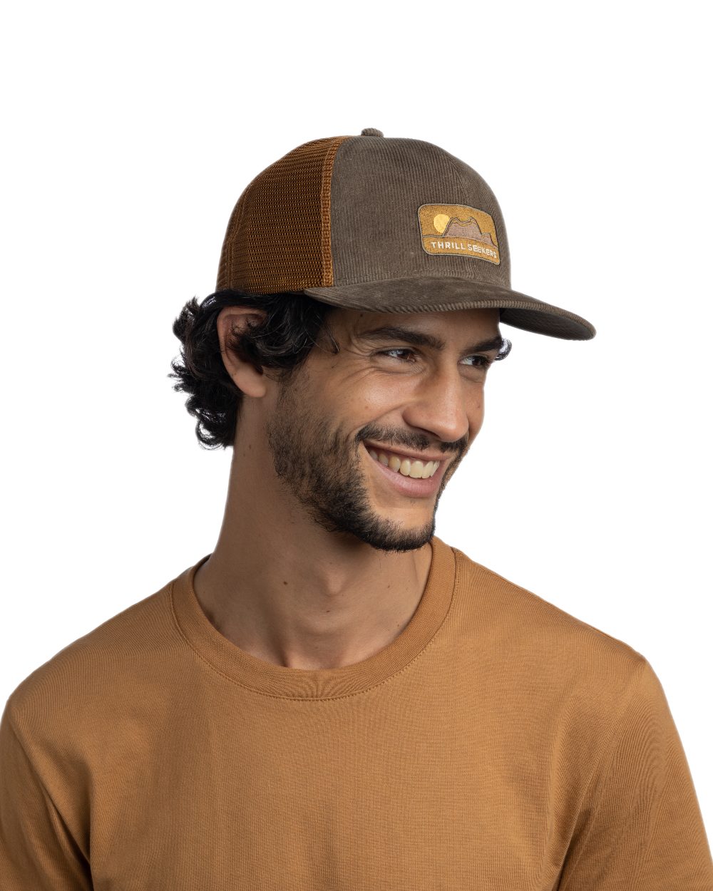 Brown Coloured Buff Explore Trucker Cap on white background #colour_brown