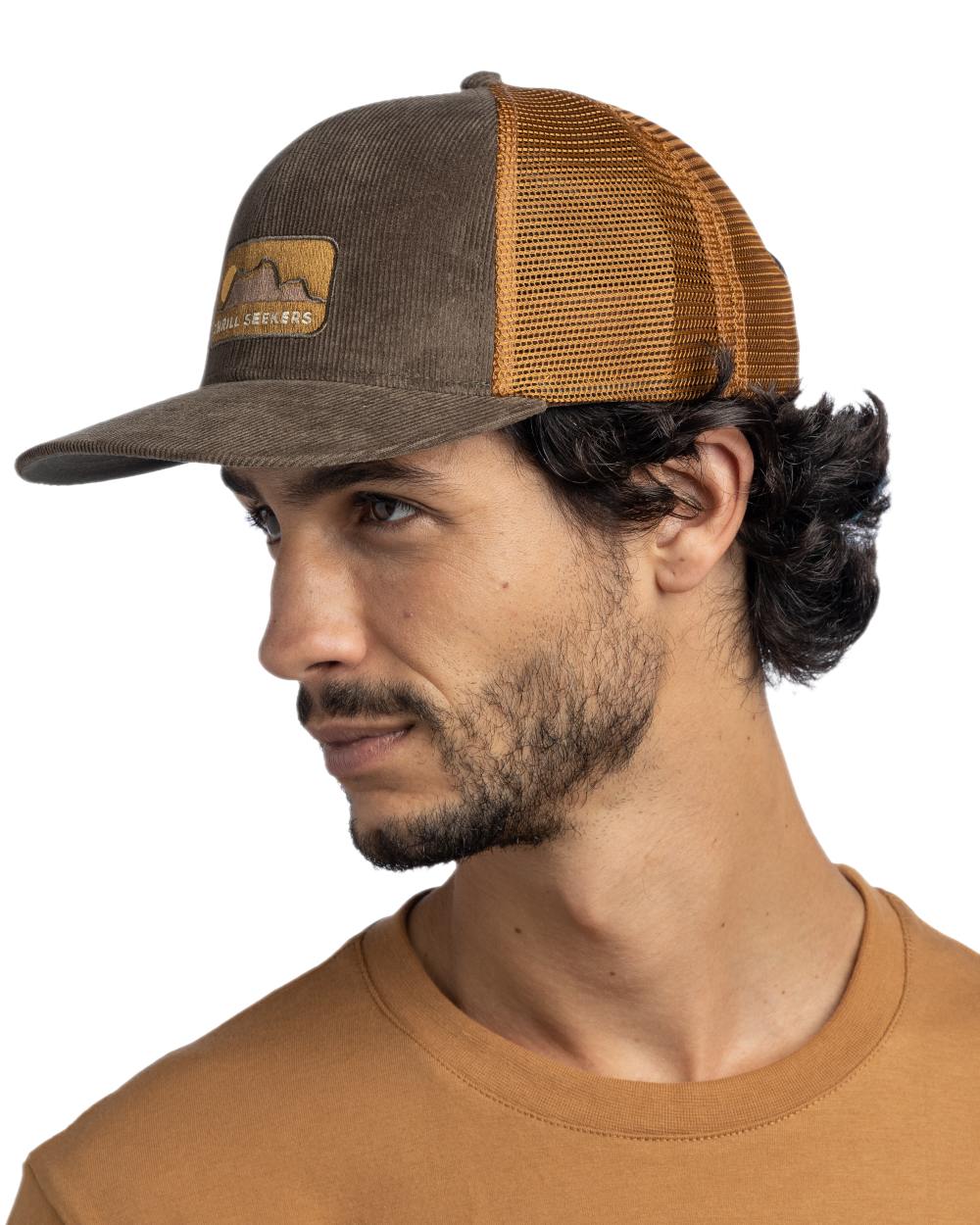Brown Coloured Buff Explore Trucker Cap on white background #colour_brown