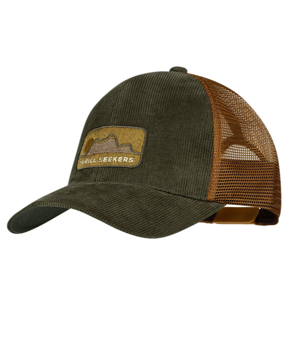 Brown Coloured Buff Explore Trucker Cap on white background #colour_brown