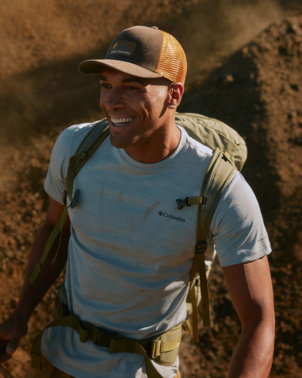 Brown Coloured Buff Explore Trucker Cap on ground background #colour_brown