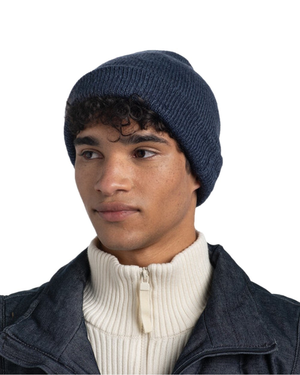 Denim Coloured Buff Jarn Knitted Beanie on white background #colour_denim