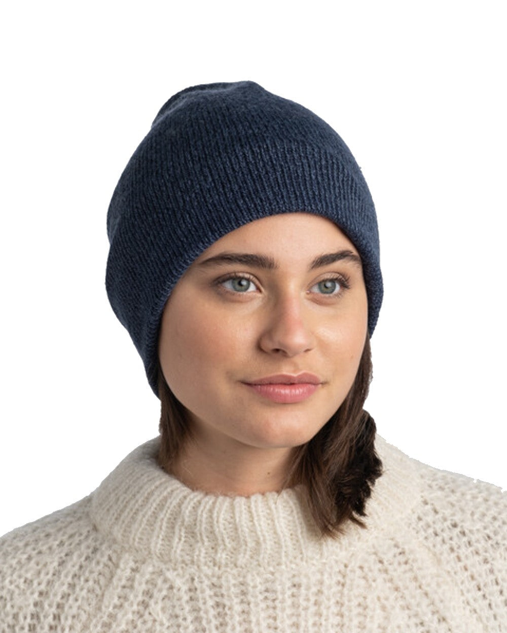 Denim Coloured Buff Jarn Knitted Beanie on white background #colour_denim