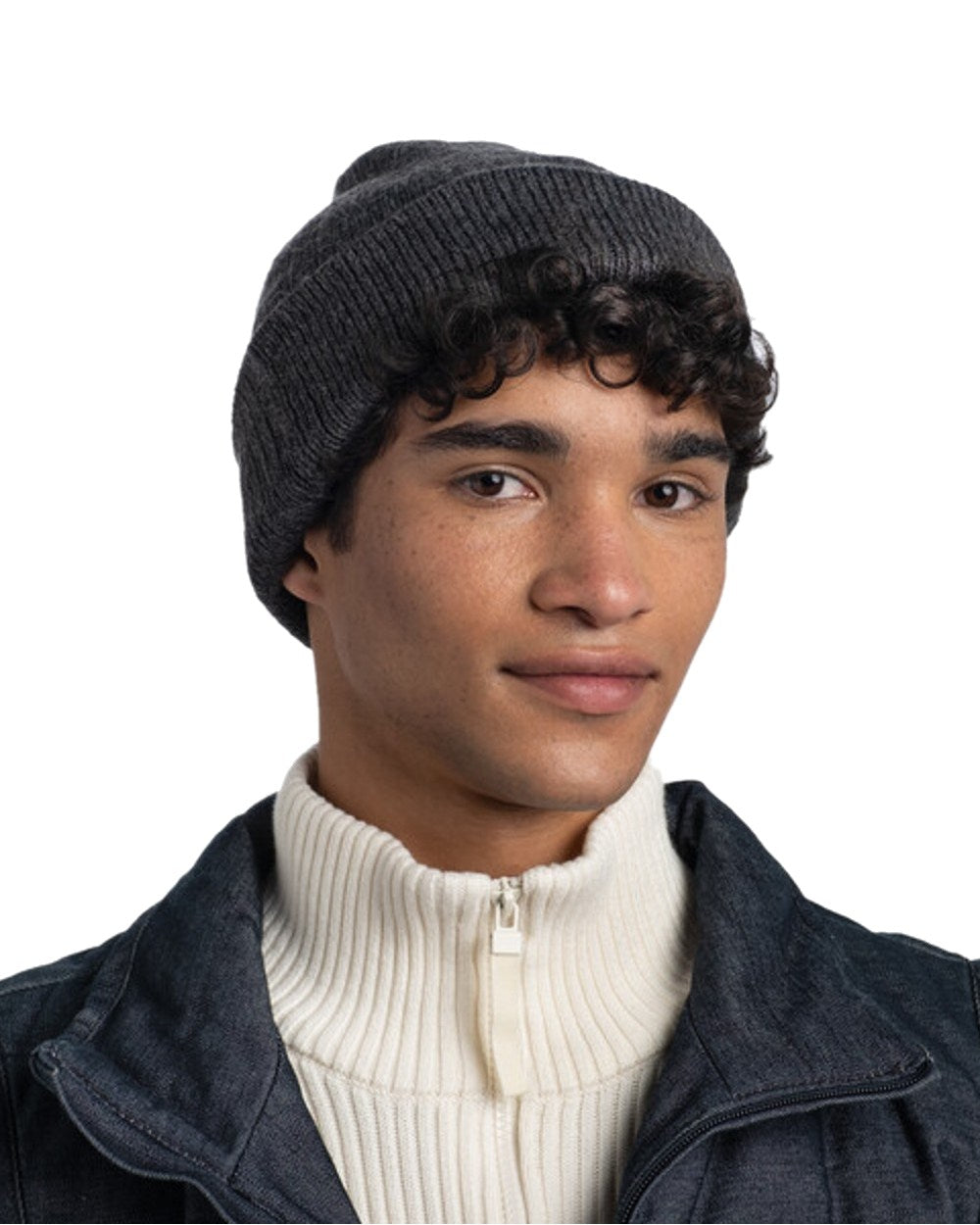 Graphite Coloured Buff Jarn Knitted Beanie on white background #colour_graphite