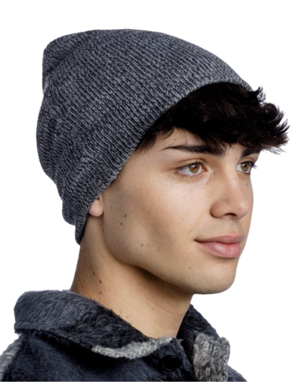 Grey Melange Coloured Buff Jarn Knitted Beanie on white background #colour_grey-melange