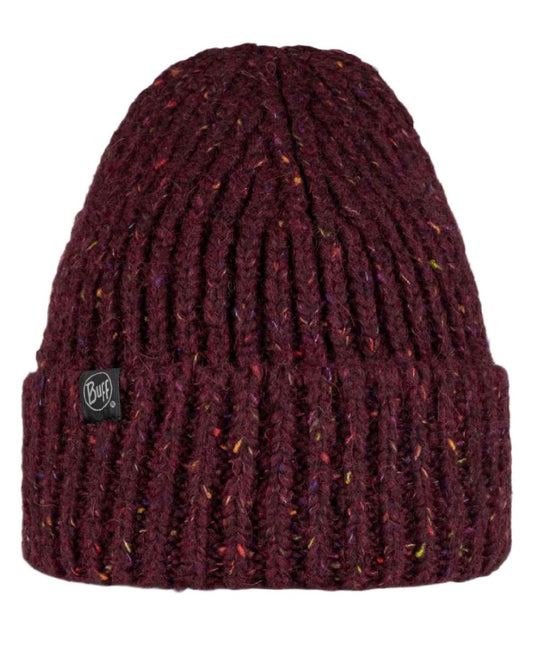 Dahlia Coloured Buff Kim Knitted Fleece Beanie on white background #colour_dahlia