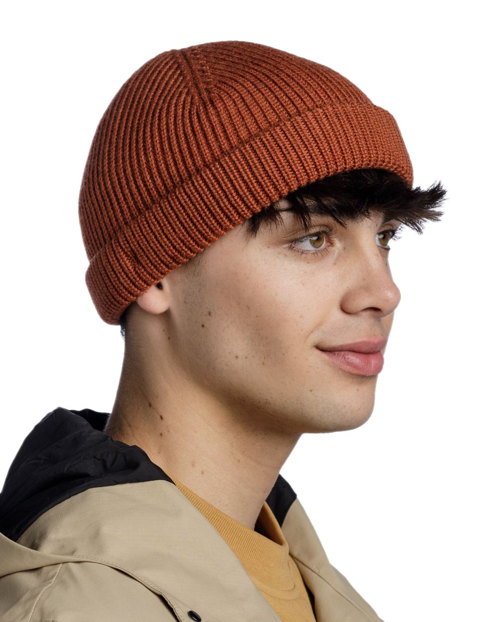 Cinnamon Coloured Buff Knitted Ervin Beanie on white background #colour_cinnamon
