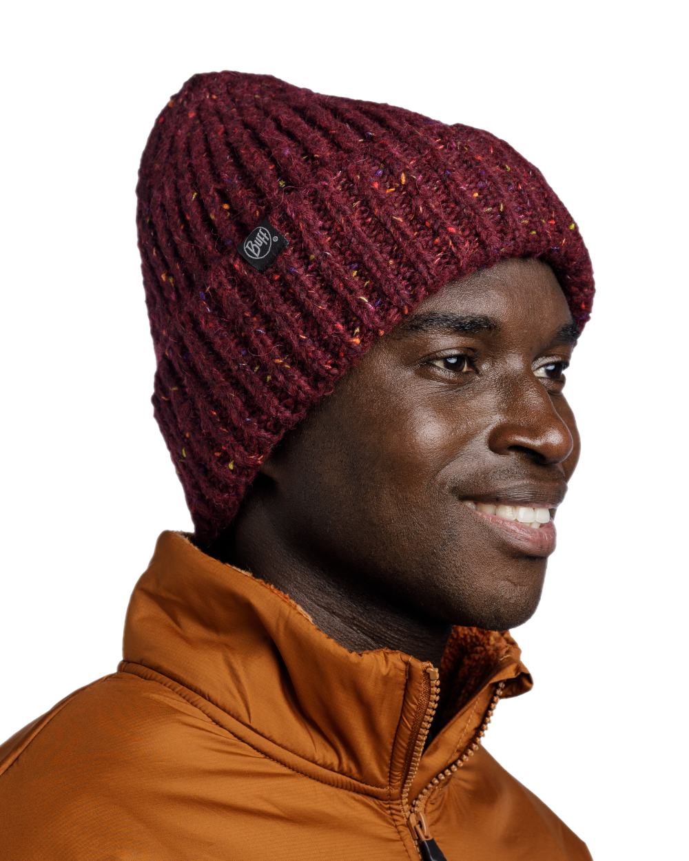 Dahlia Coloured Buff Kim Knitted Fleece Beanie on white background #colour_dahlia
