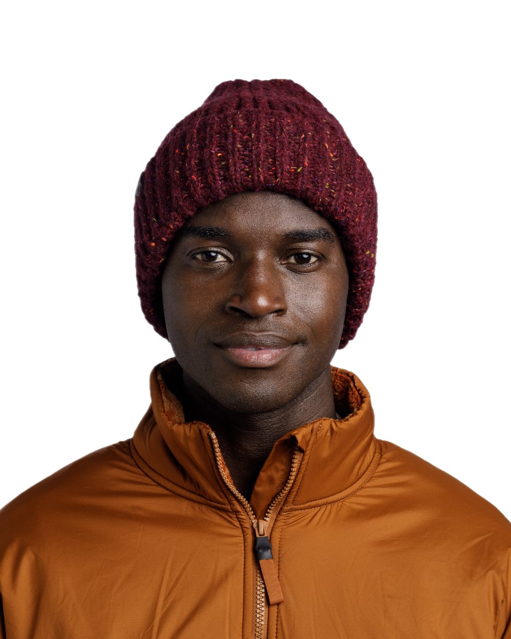 Dahlia Coloured Buff Kim Knitted Fleece Beanie on white background #colour_dahlia