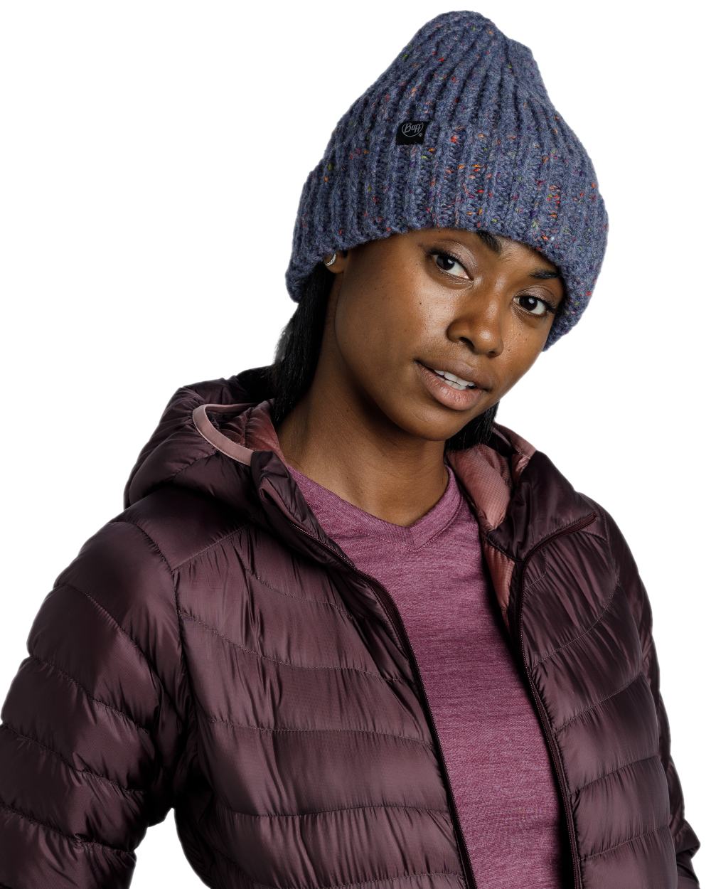 Water Coloured Buff Kim Knitted Fleece Beanie on white background #colour_water