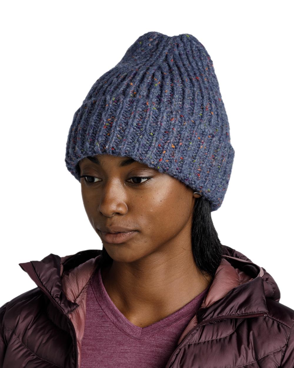 Water Coloured Buff Kim Knitted Fleece Beanie on white background #colour_water