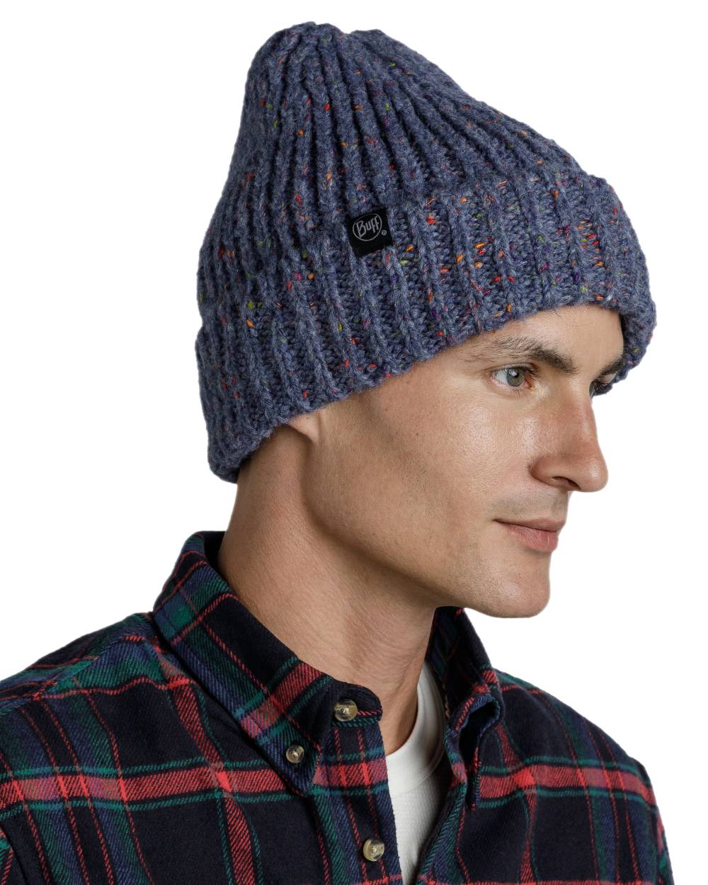 Water Coloured Buff Kim Knitted Fleece Beanie on white background #colour_water