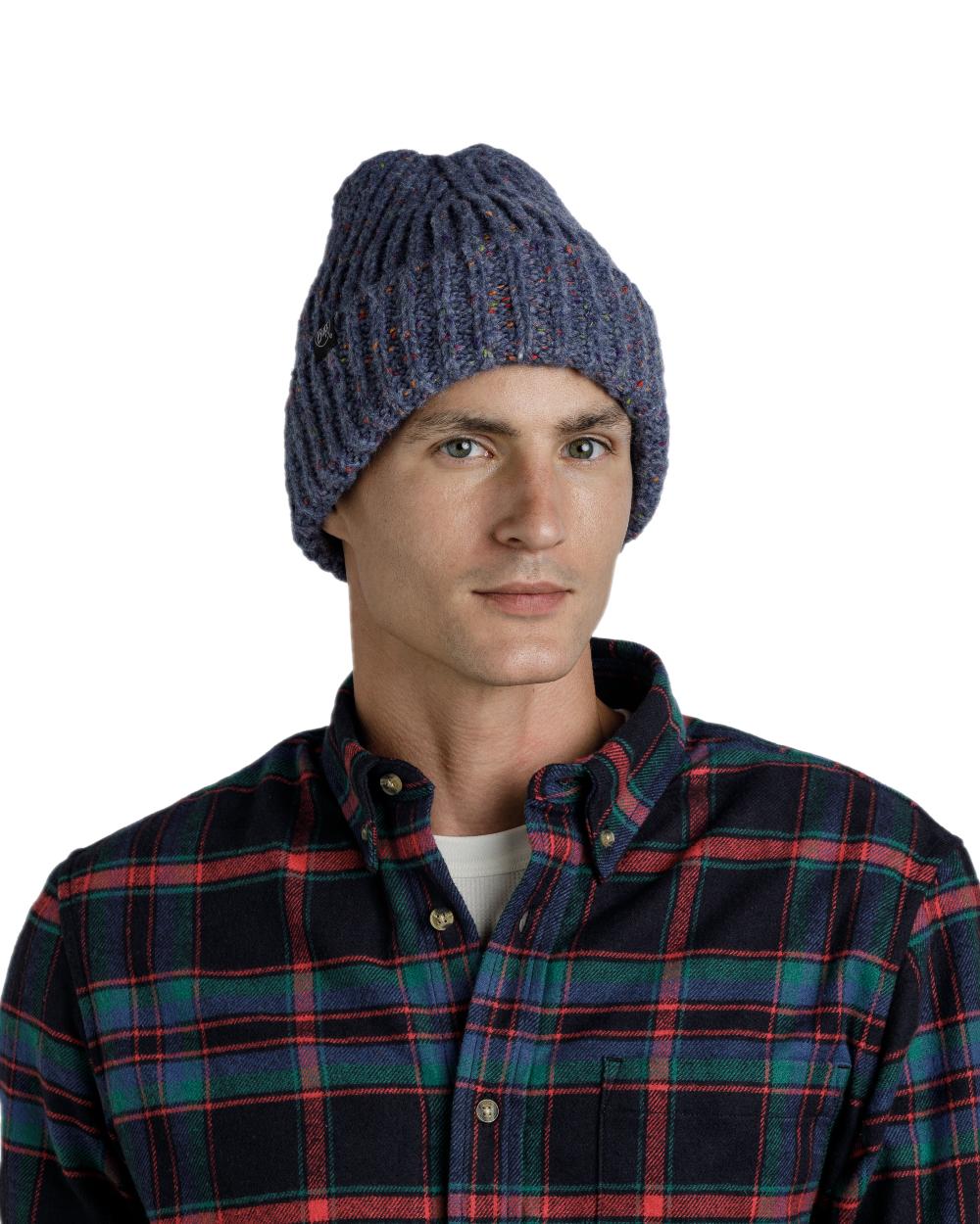 Water Coloured Buff Kim Knitted Fleece Beanie on white background #colour_water