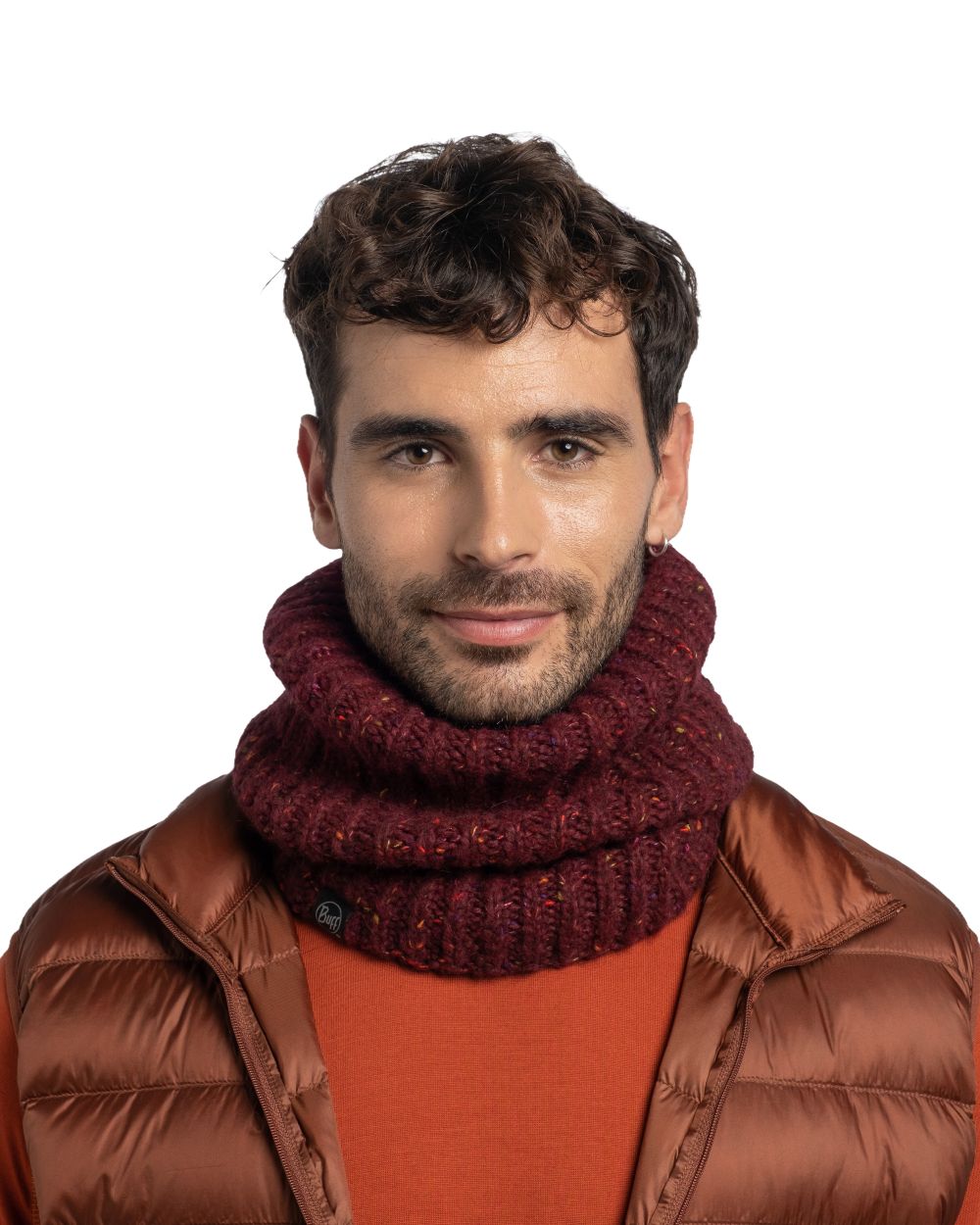 Dahlia Coloured Buff Kim Knitted Fleece Neckwarmer on white background #colour_dahlia