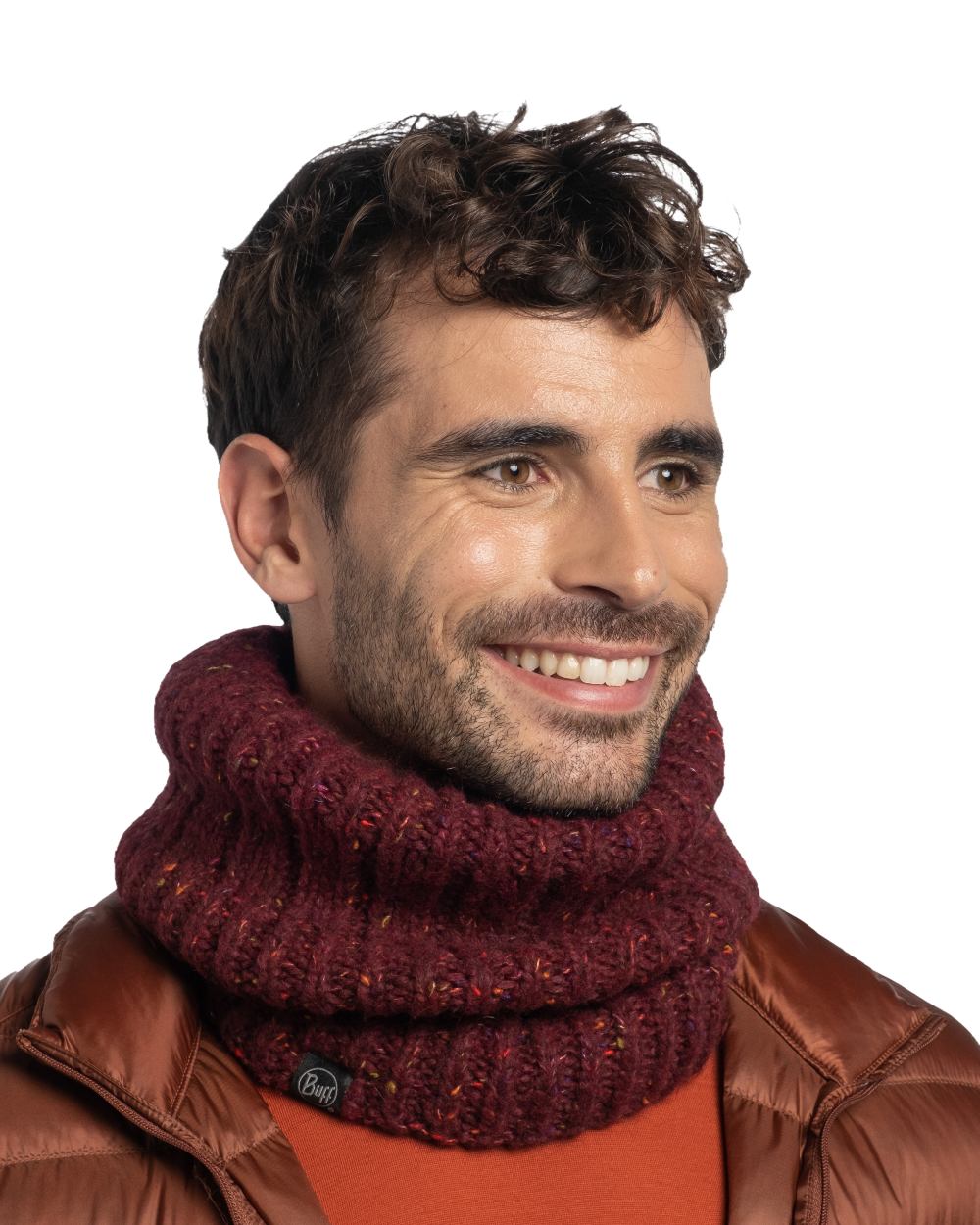 Dahlia Coloured Buff Kim Knitted Fleece Neckwarmer on white background #colour_dahlia