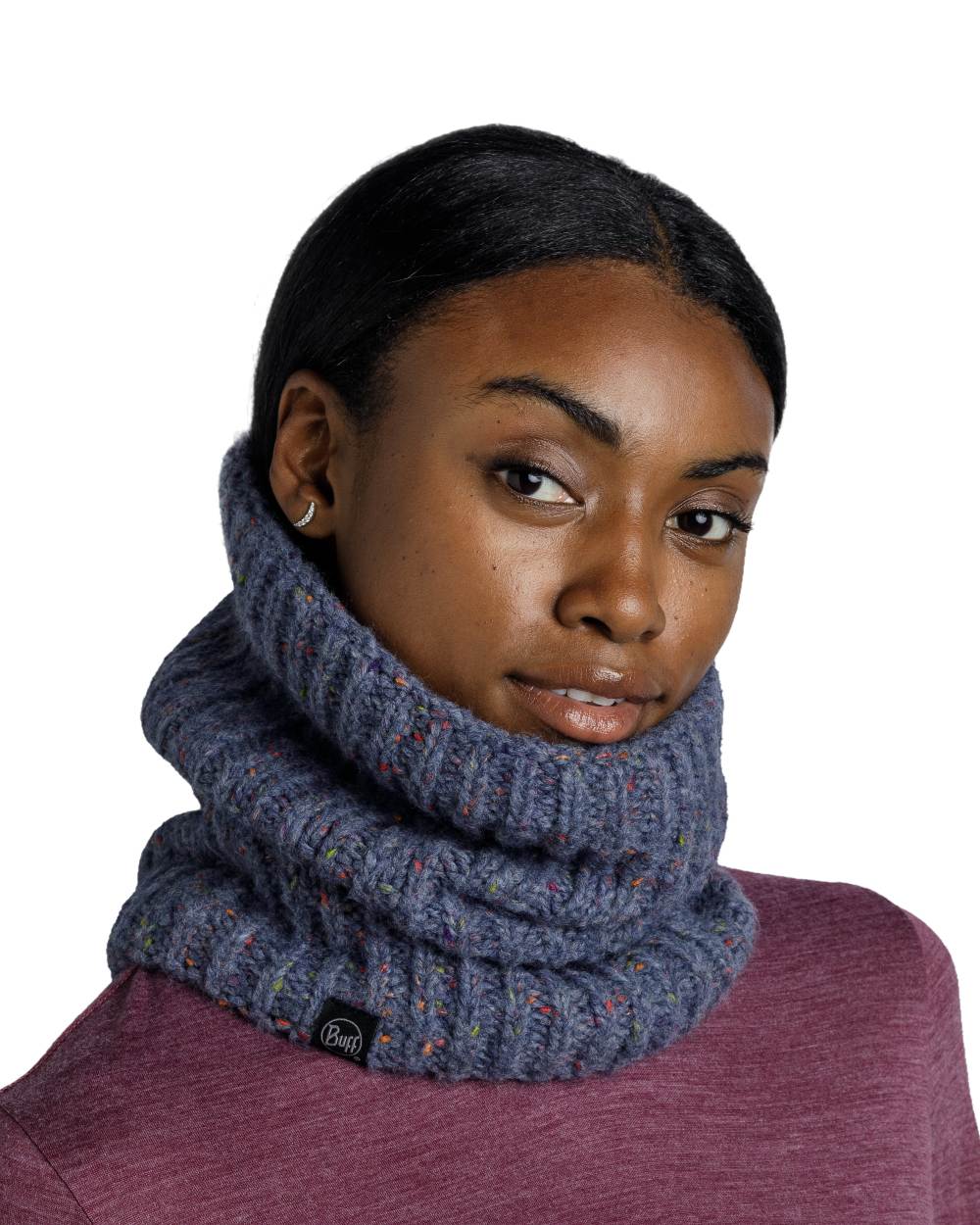 Water Coloured Buff Kim Knitted Fleece Neckwarmer on white background #colour_water