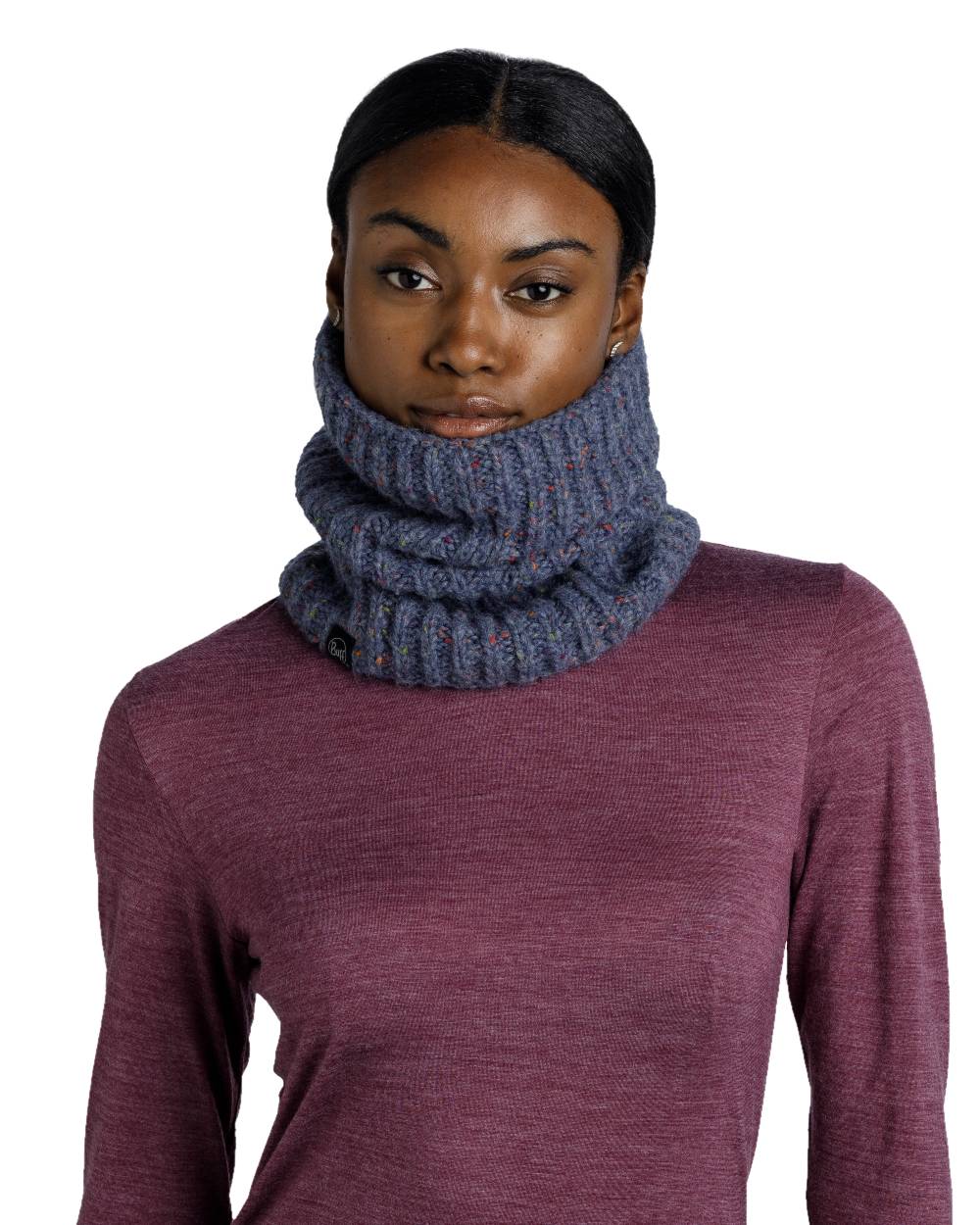 Water Coloured Buff Kim Knitted Fleece Neckwarmer on white background #colour_water