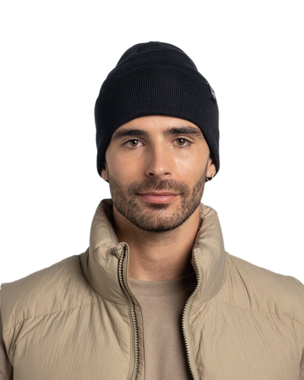 Black Coloured Buff Linon Knitted Beanie on white background #colour_black
