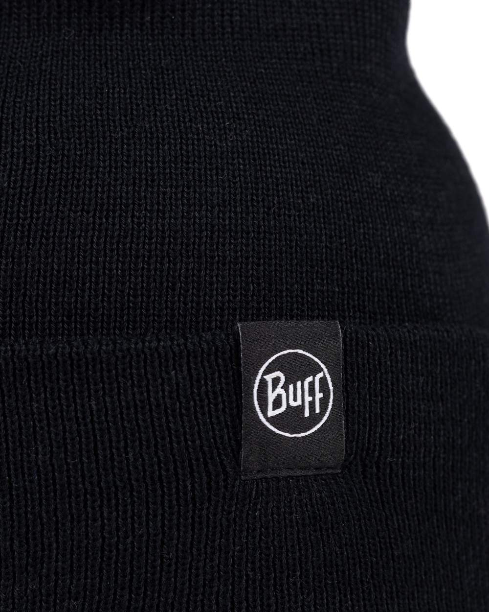 Black Coloured Buff Linon Knitted Beanie on white background #colour_black