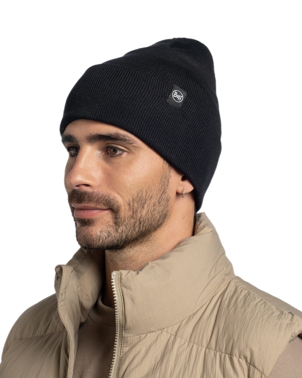 Black Coloured Buff Linon Knitted Beanie on white background #colour_black