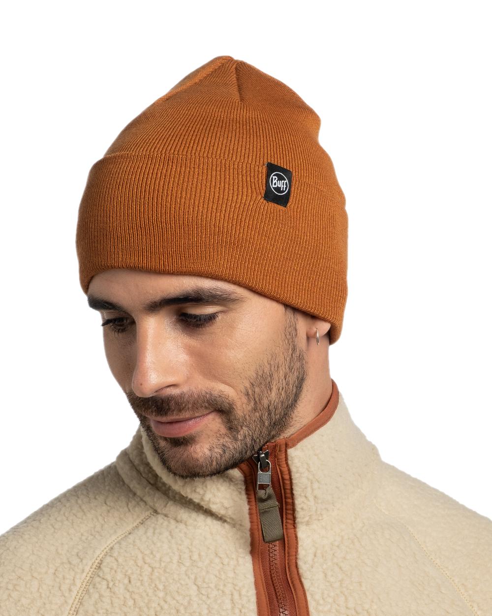 Copper Coloured Buff Linon Knitted Beanie on white background #colour_copper