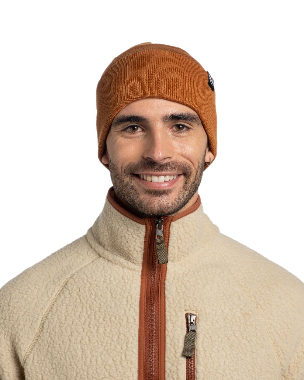 Copper Coloured Buff Linon Knitted Beanie on white background #colour_copper