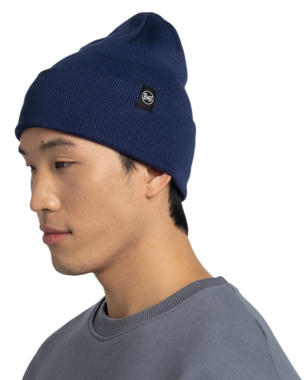 Midnight Coloured Buff Linon Knitted Beanie on white background #colour_midnight