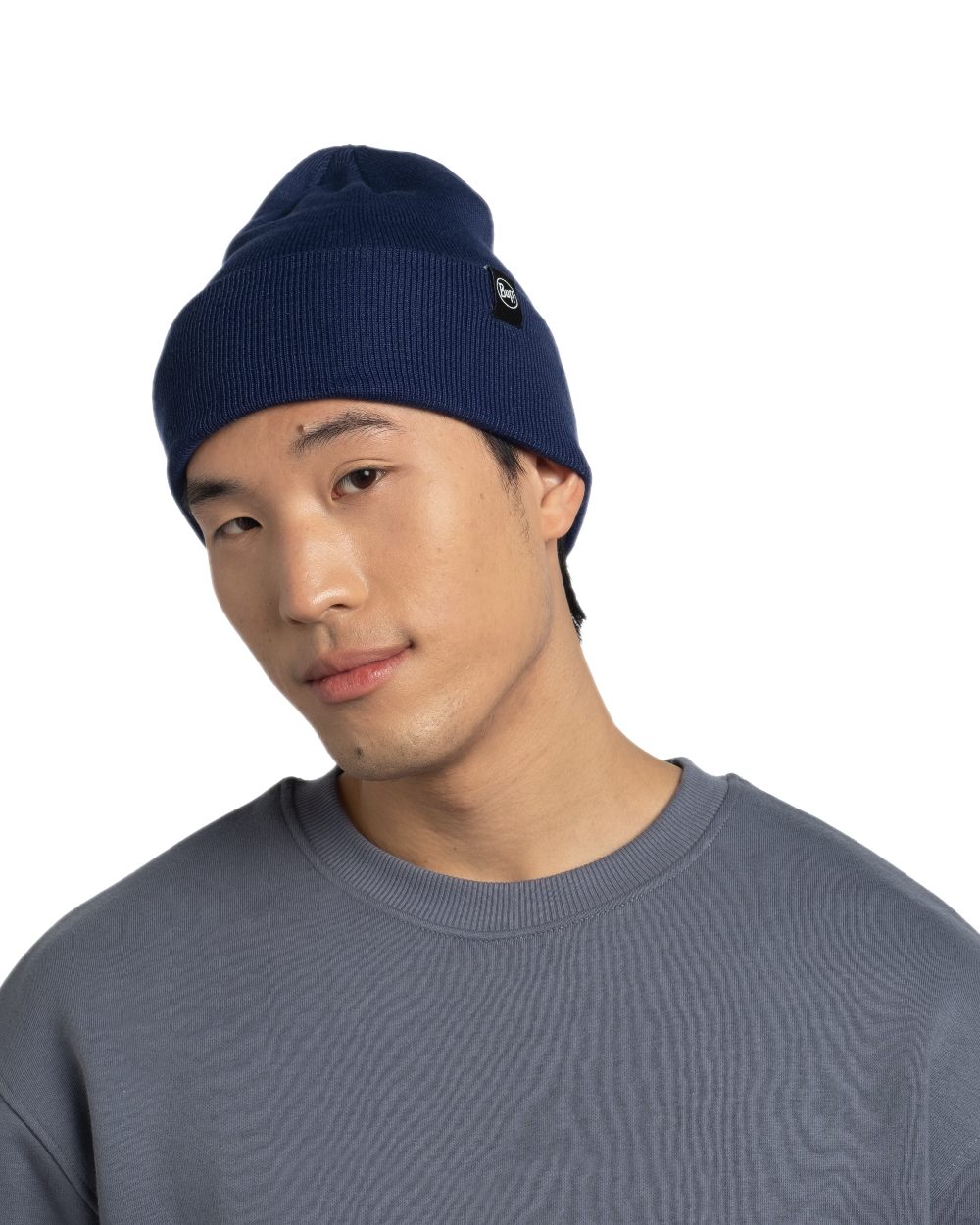 Midnight Coloured Buff Linon Knitted Beanie on white background #colour_midnight