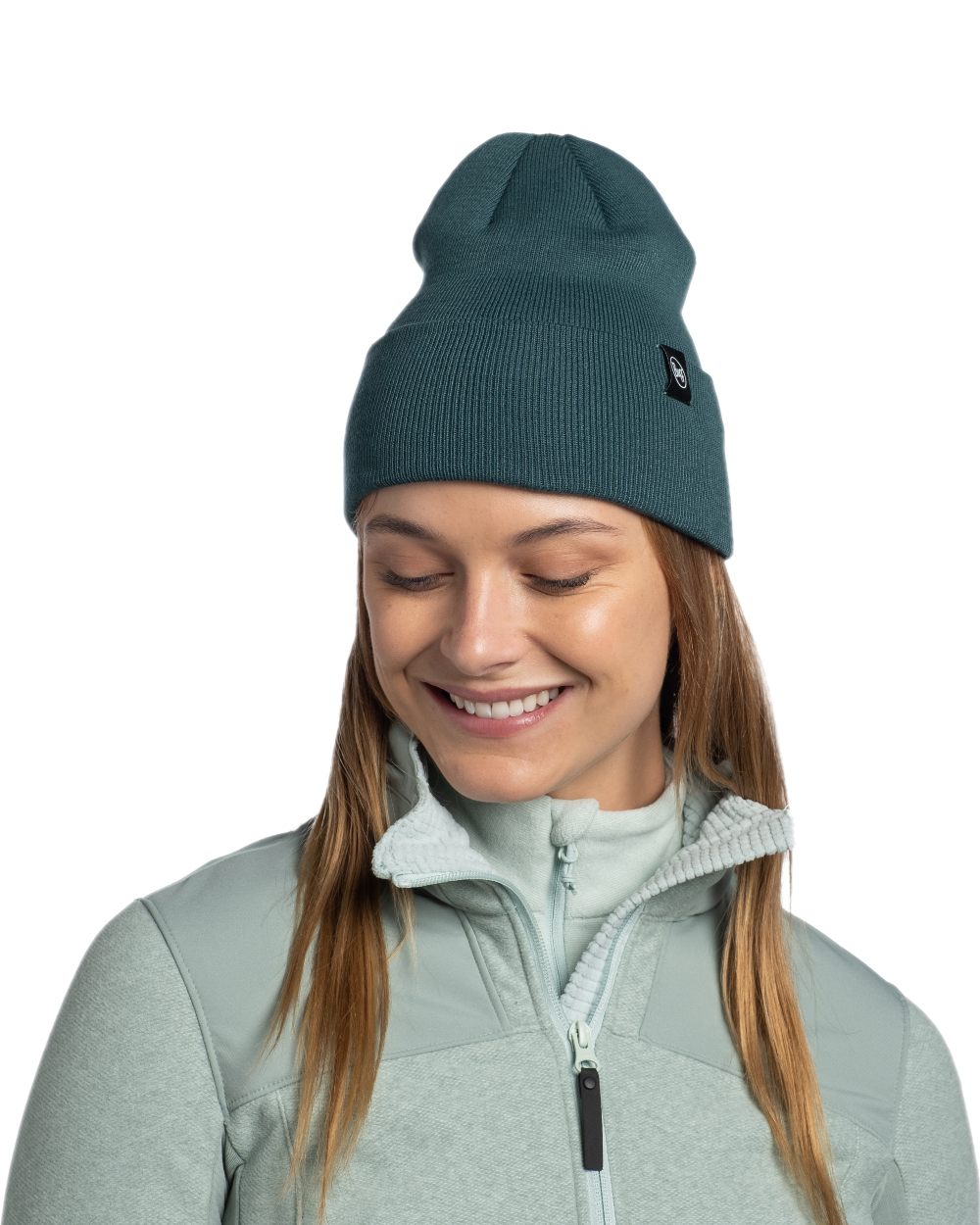 Silversage Coloured Buff Linon Knitted Beanie on white background #colour_silversage