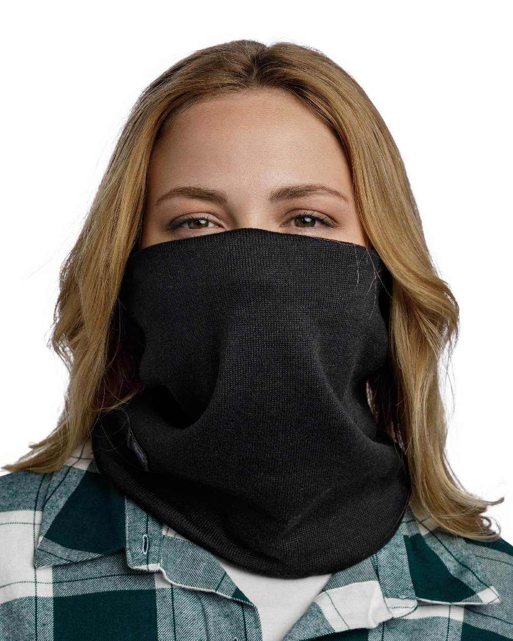 Black Coloured Buff Knitted Neck Warmer on white background #colour_black