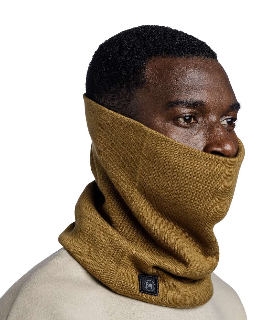 Brindle Brown Coloured Buff Knitted Neck Warmer on white background #colour_brindle-brown