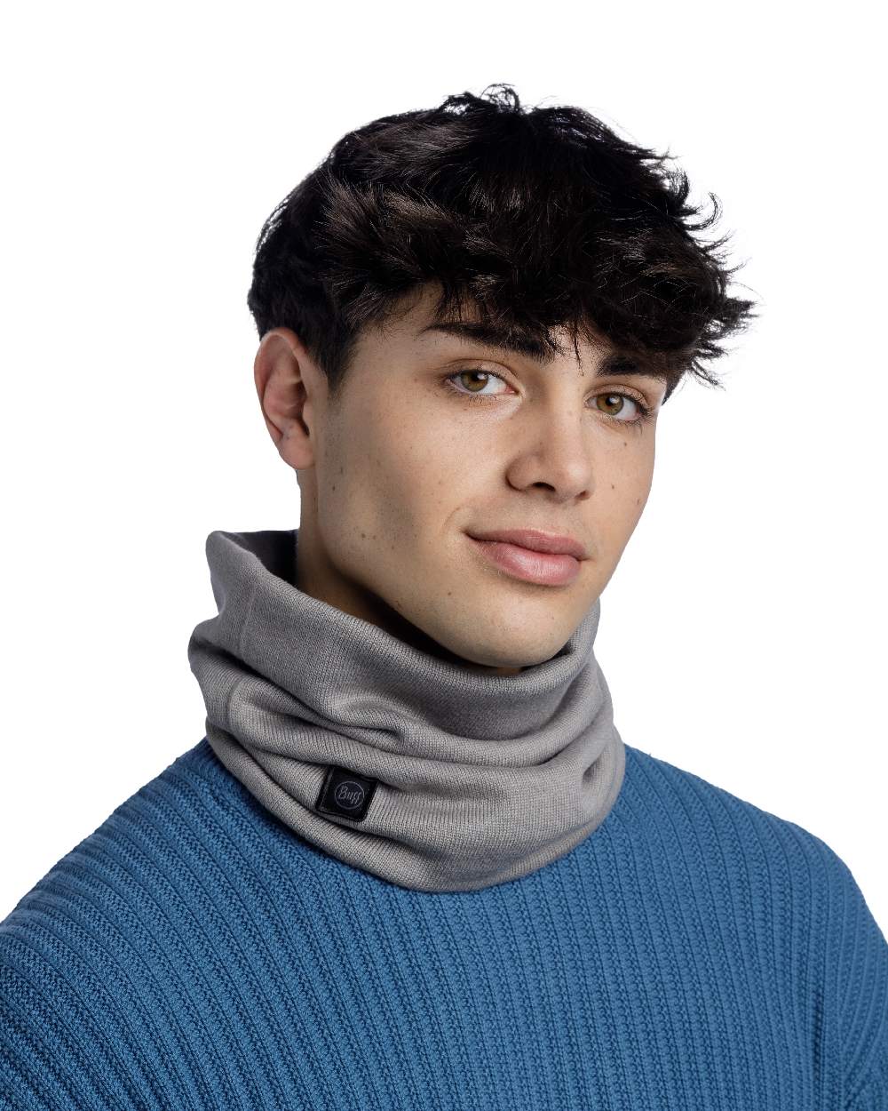 Grey Coloured Buff Knitted Neck Warmer on white background #colour_grey