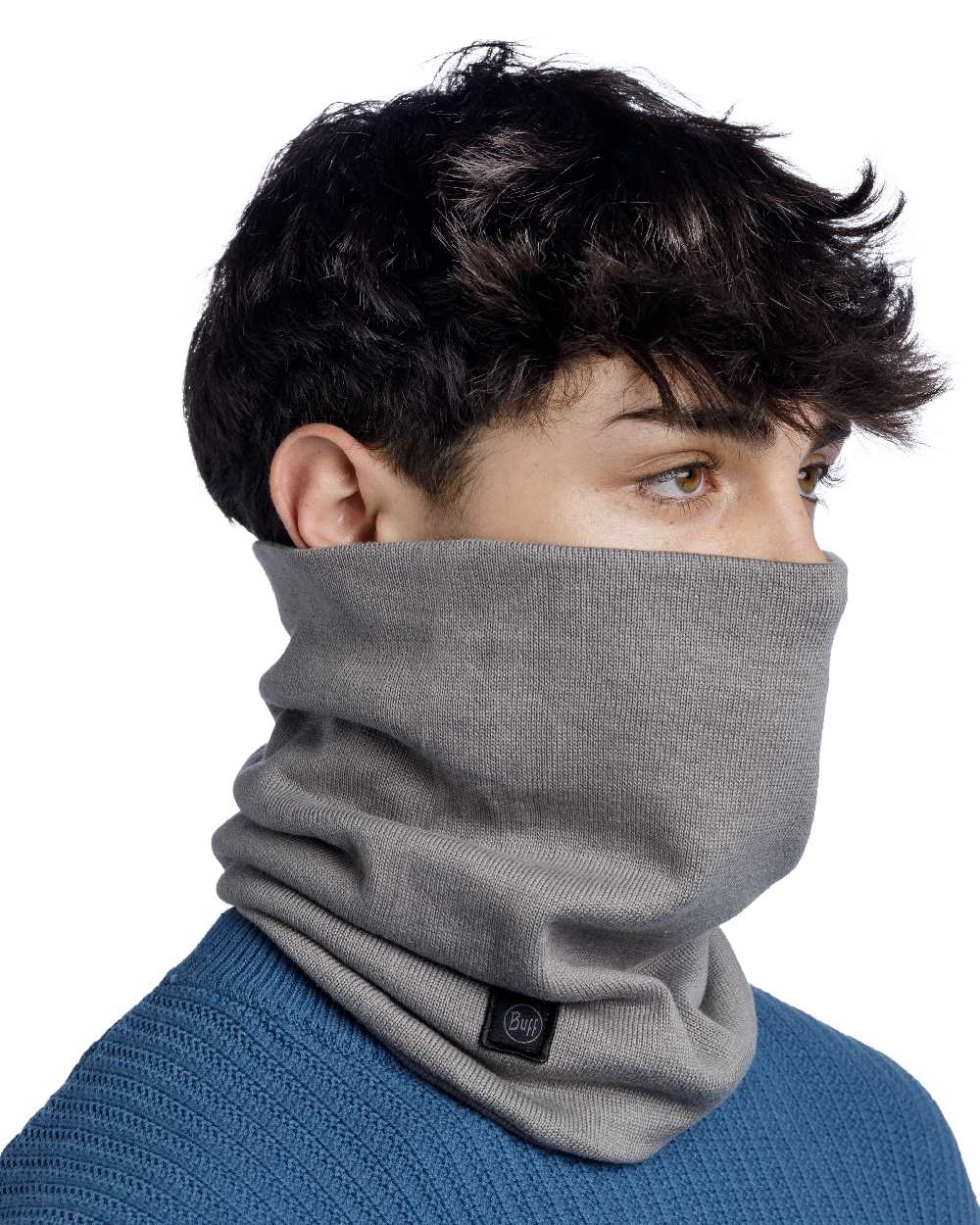 Grey Coloured Buff Knitted Neck Warmer on white background #colour_grey