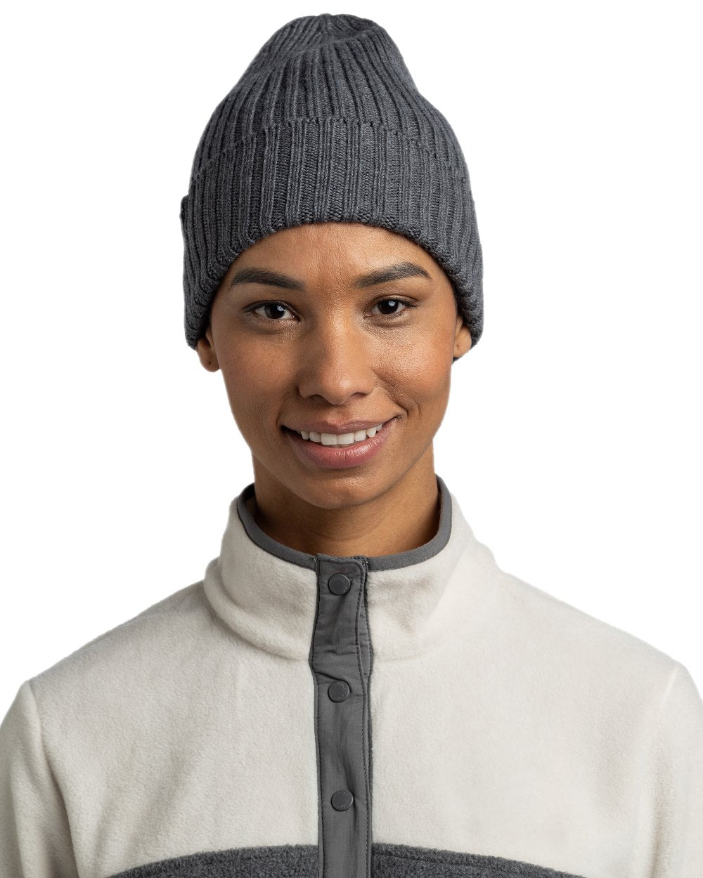 Heather Grey Coloured Buff Knitted Norval Beanie on white background #colour_heather-grey