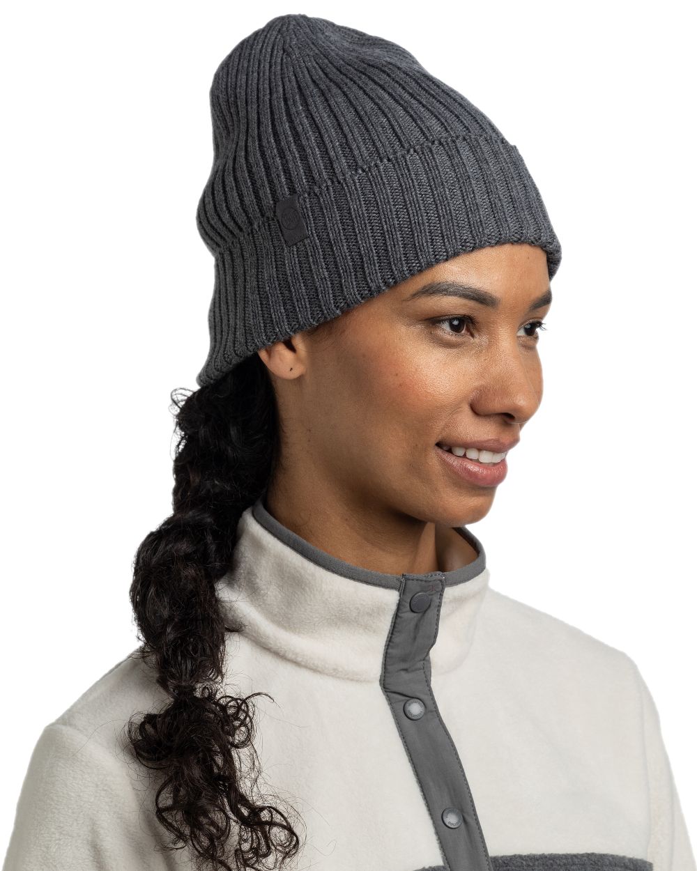 Heather Grey Coloured Buff Knitted Norval Beanie on white background #colour_heather-grey