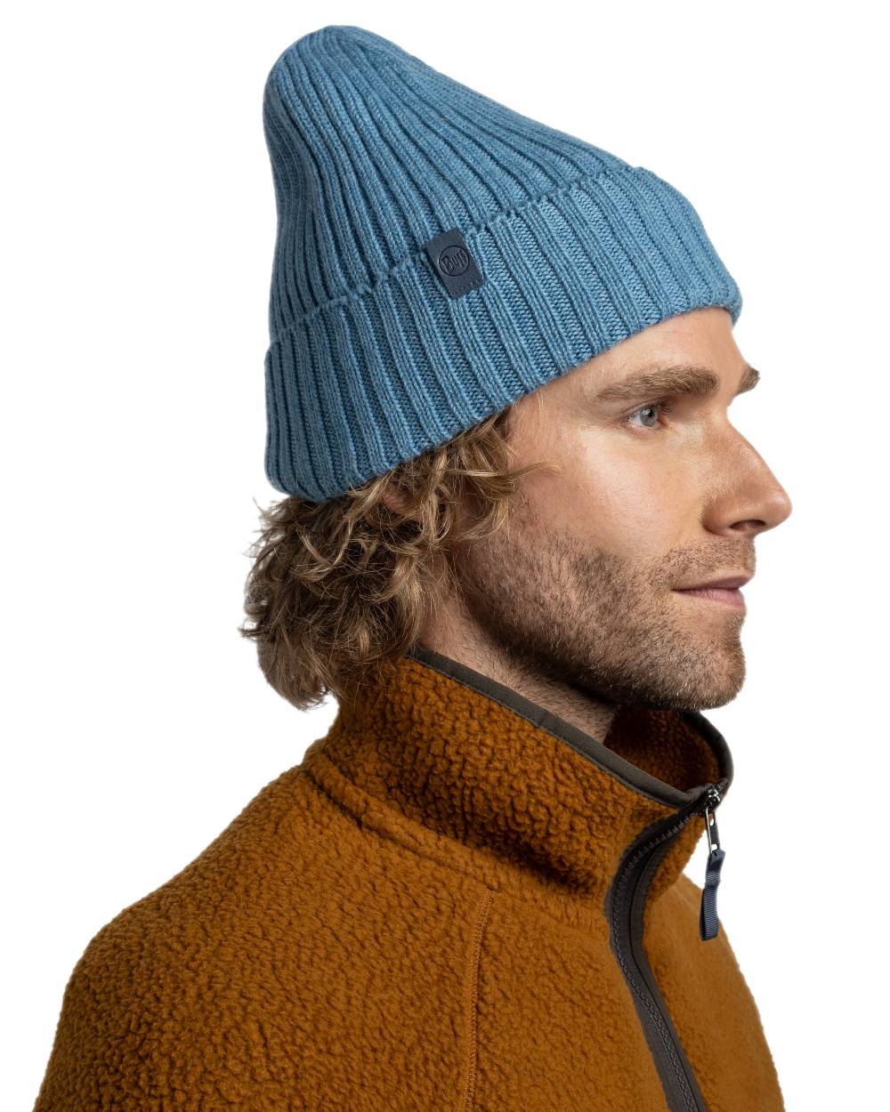 Water Coloured Buff Knitted Norval Beanie on white background #colour_water