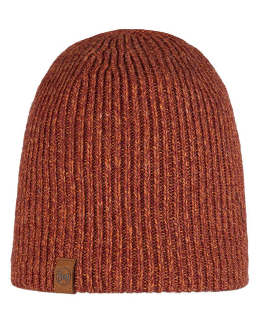 Cinnamon Coloured Buff Knitted Polar Beanie on white background #colour_cinnamon