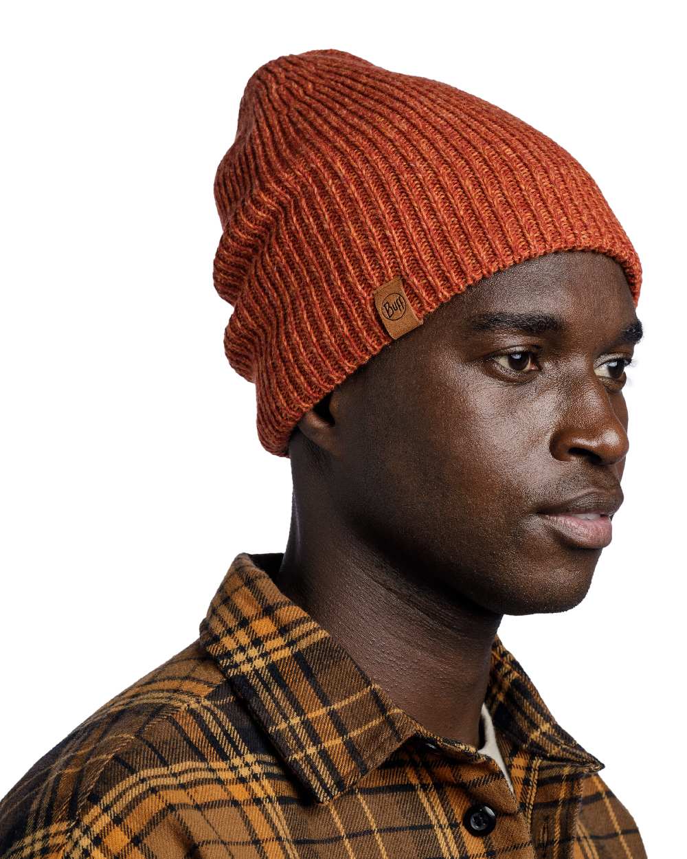 Cinnamon Coloured Buff Knitted Polar Beanie on white background #colour_cinnamon
