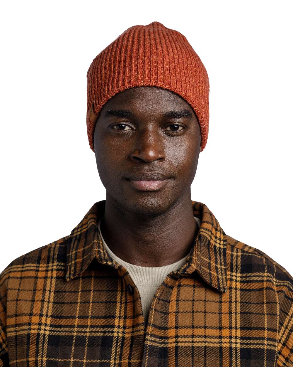 Cinnamon Coloured Buff Knitted Polar Beanie on white background #colour_cinnamon