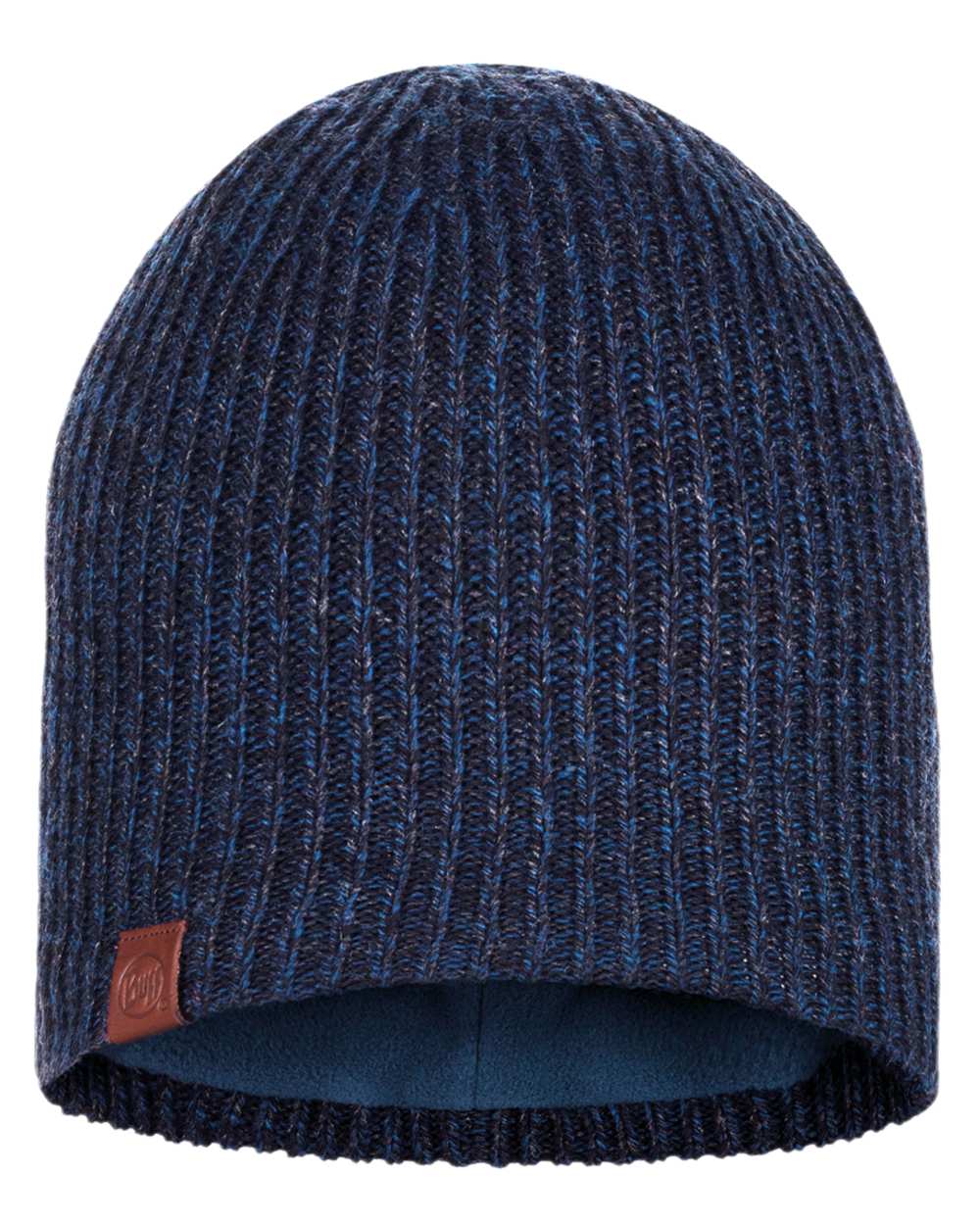 Night Blue Coloured Buff Knitted Polar Beanie on white background #colour_night-blue