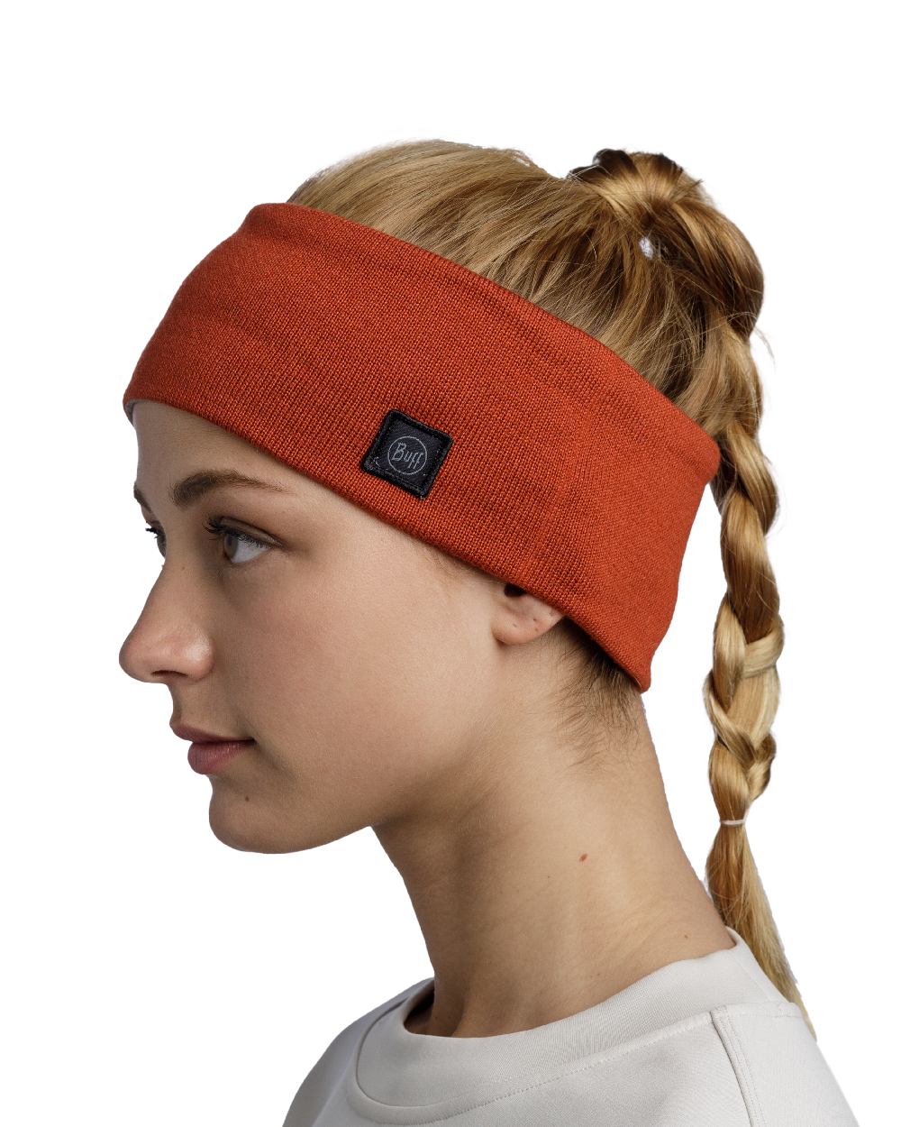 Cinnamon Coloured Buff Knitted Polar Headband on white background #colour_cinnamon