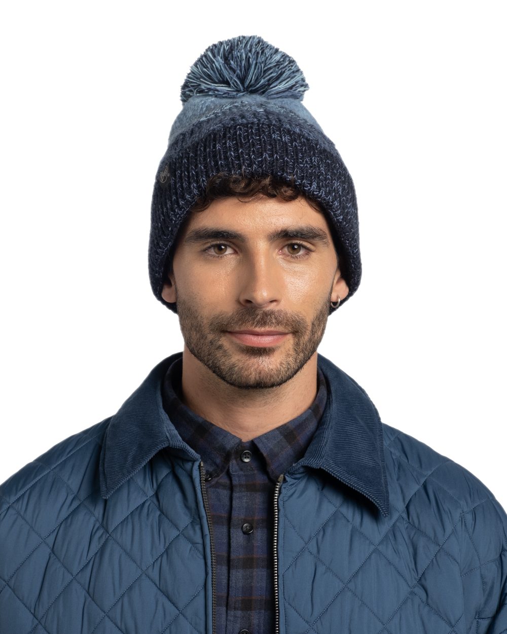 Water Coloured Buff Masha Knitted & Fleece Beanie on white background #colour_water