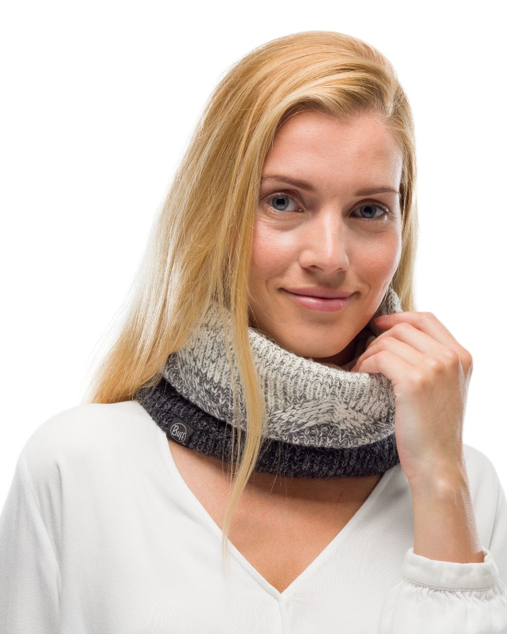Grey Coloured Buff Masha Knitted Polar Neck Warmer on white background #colour_grey