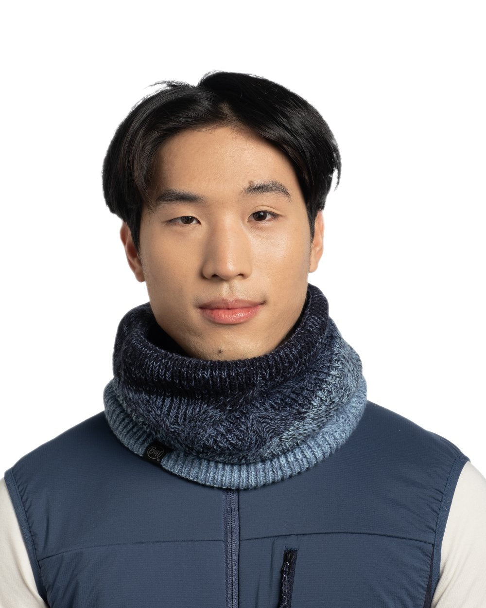 Water Coloured Buff Masha Knitted Polar Neck Warmer on white background #colour_water