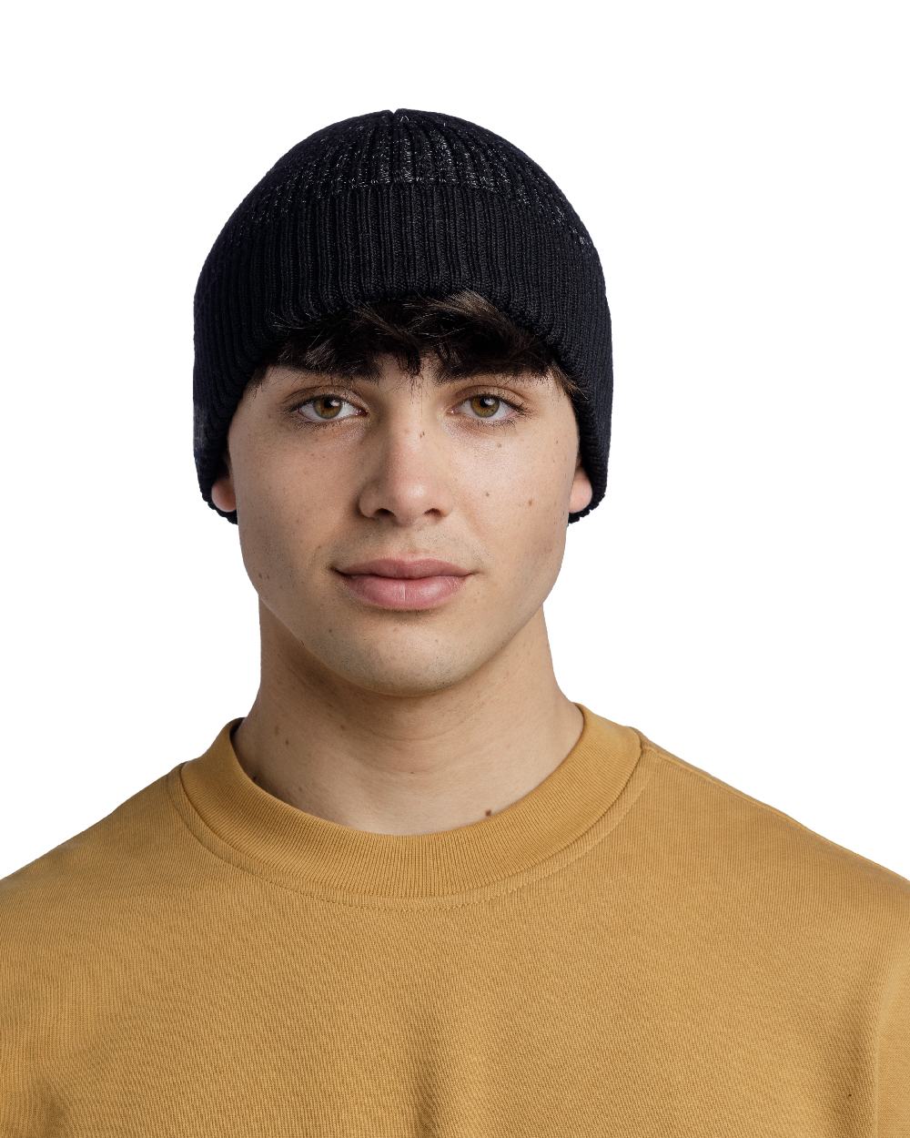 Black Coloured Buff Merino Active Beanie on white background #colour_black