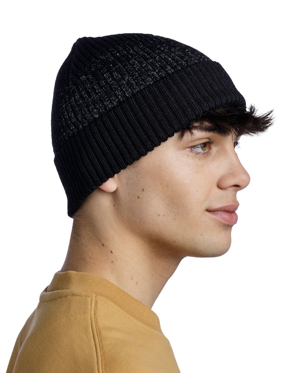 Black Coloured Buff Merino Active Beanie on white background #colour_black