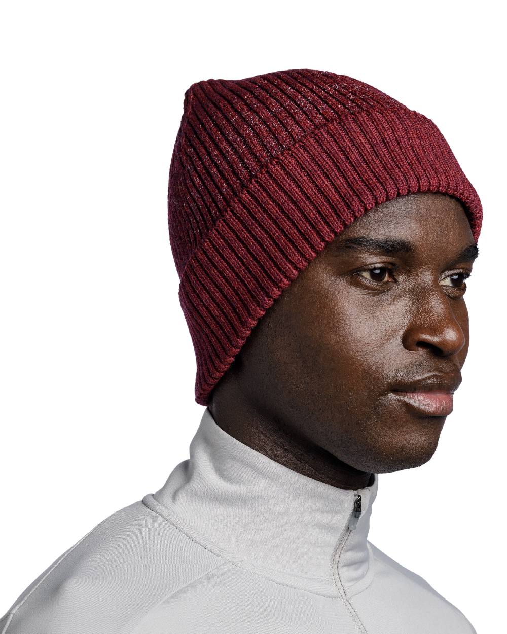 Garnet Coloured Buff Merino Active Beanie on white background #colour_garnet