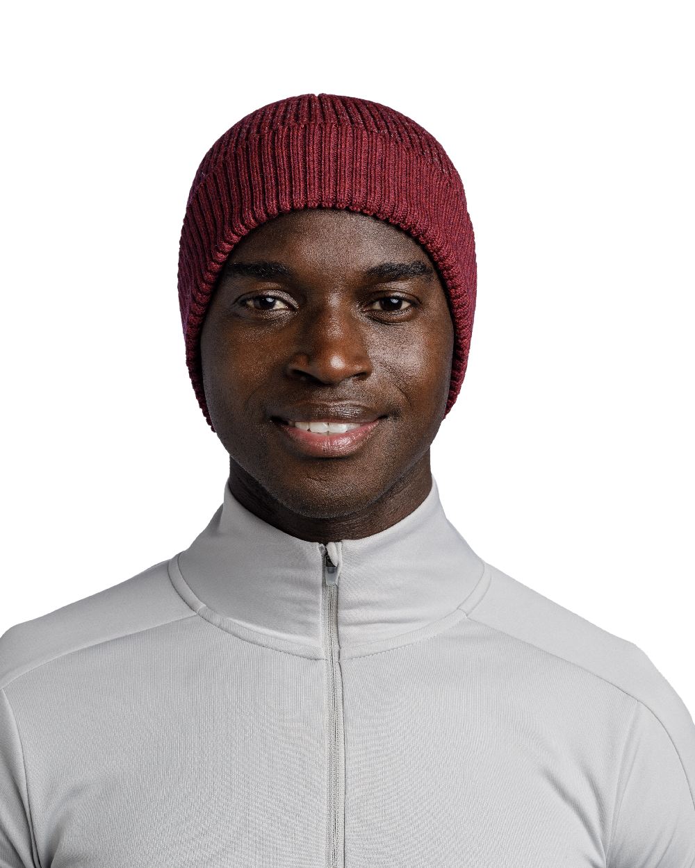 Garnet Coloured Buff Merino Active Beanie on white background #colour_garnet