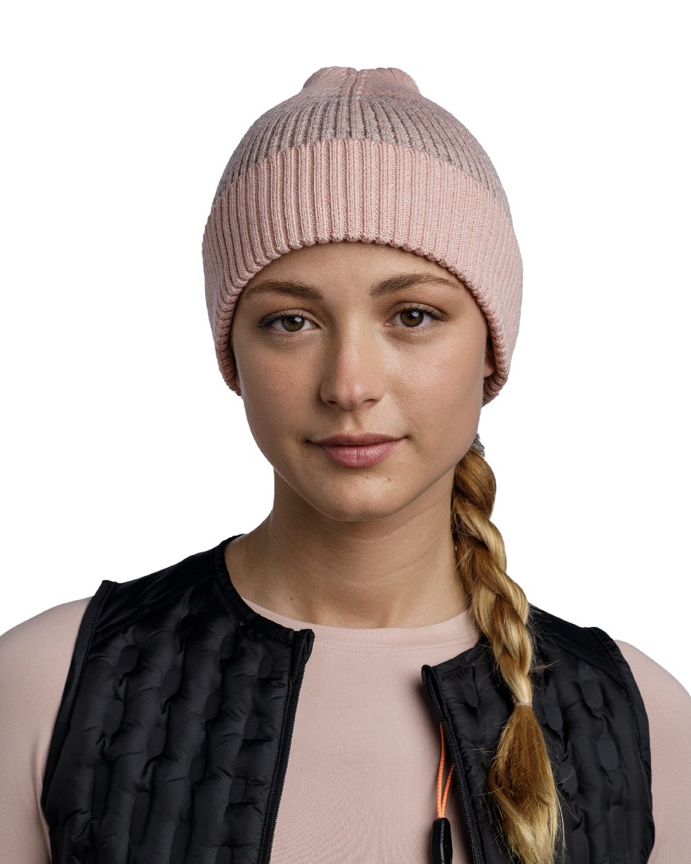Pale Pink Coloured Buff Merino Active Beanie on white background #colour_pale-pink