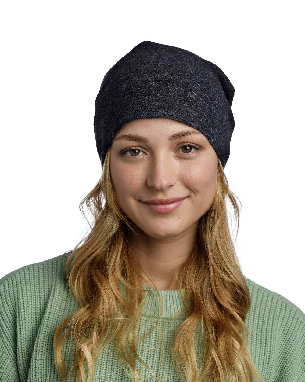 Black Coloured Buff Merino Fleece Beanie on white background #colour_black