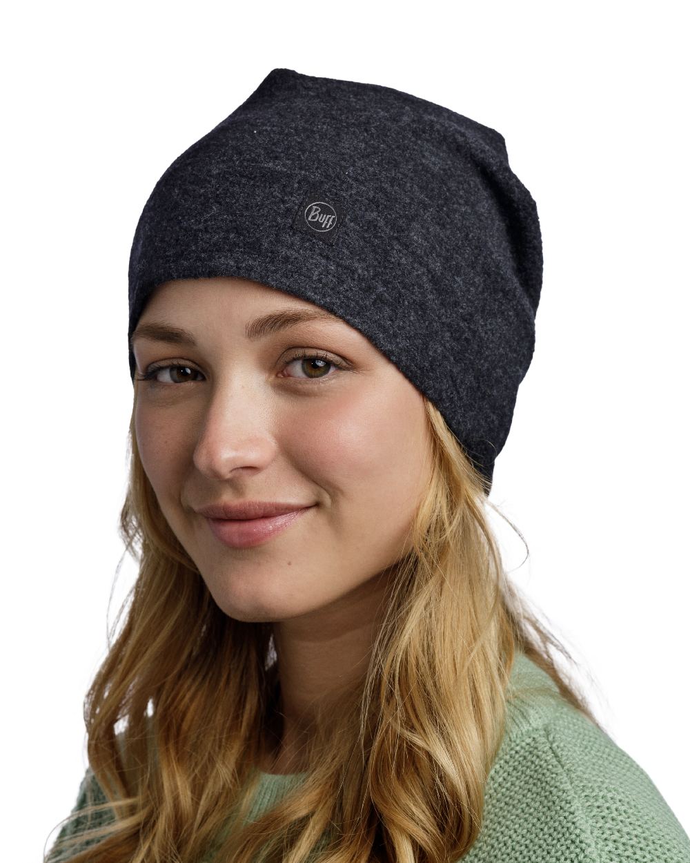 Black Coloured Buff Merino Fleece Beanie on white background #colour_black
